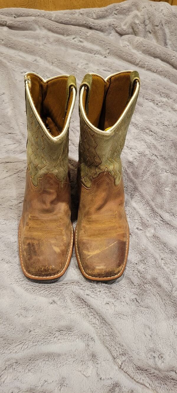 Dan Post Cowboy Boots Kids 2.5 D Brown Green Leather Square Toe Western Ranch